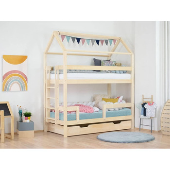 Набір Будинок двоярусне ліжко Monty 90x200 см з дерев'яною шухлядою Buddy 90x180 см на колесах Прозоре восковане ліжко будиночок з