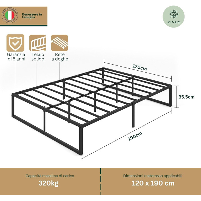 Ліжко Zinus Lorelai 120 x 190 см Каркас ліжка висотою 35,5 см з місцем для зберігання речей під ліжком Ліжко з металевою платформою Чорне