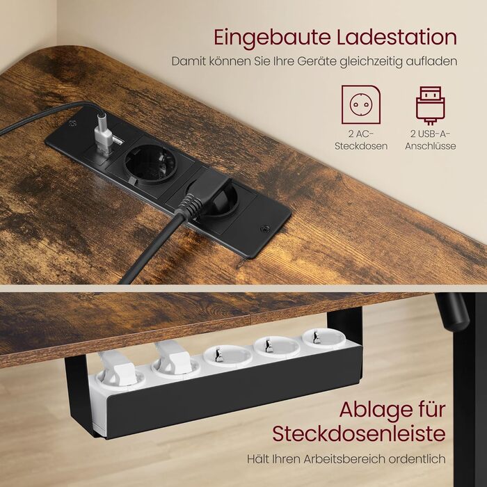 Електричний письмовий стіл з регульованою висотою, L-подібний кутовий стіл, 140 x 160 см, із зарядною станцією, функція пам&39яті з 2 висотами, для домашнього офісу, вінтажний коричневий - чорний LSD264K01 Вінтажний коричневий чорнильний