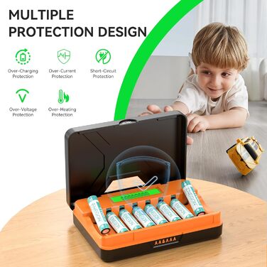 Швидкий зарядний пристрій ENEGON на 8 відсіків для батарейок AA/AAA з РК-дисплеєм 8 акумуляторних нікель-металгідридних батарейок AAA (1100 мАг), зарядна станція USB-C з відділенням для зберігання для пультів дистанційного керування, термометрів та електр