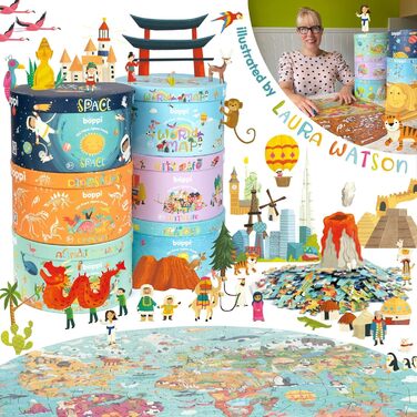 Круглий пазл boppi World Map зі 100 переробленого картону, 150 елементів із тваринами для дітей 3 4 5 6 7 8 років, діаметр 58 см