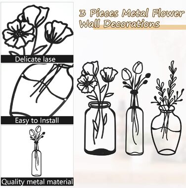 Шматка металевого квіткового настінного декору Мінімалістська ваза настінний живопис чорний тюльпан дріт залізний декор квіти наст