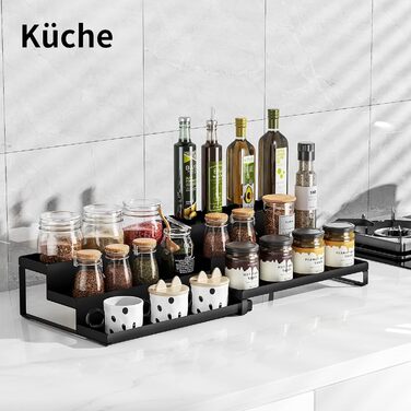 Стійка для спецій, кухонні полиці, стоячі, висувні, штабелюються, чорний метал, кухонний органайзер, для комори, стільниці та кухонної шафи, комплект з 2 шт. по 3 полиці кожна