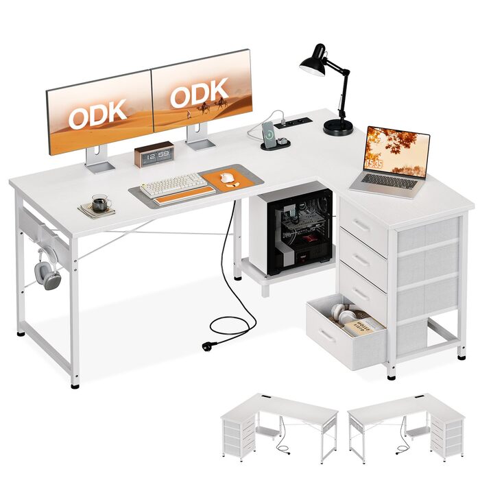 Кутовий письмовий стіл ODK з 4 шухлядами, 135100 см L-подібний стіл з розеткою та портом зарядки USB, двосторонній стіл з місцем для зберігання для домашнього офісу, білий колір 135 100 см