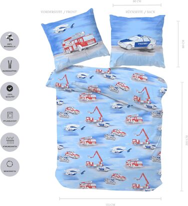 Дитяча постільна білизна Дитяча постільна білизна Пожежні та поліцейські машини - Наволочка 80x80 Підковдра 135x200 см - 100 бавовна (Renforc) Двостороння постільна білизна для хлопчиків та дівчаток