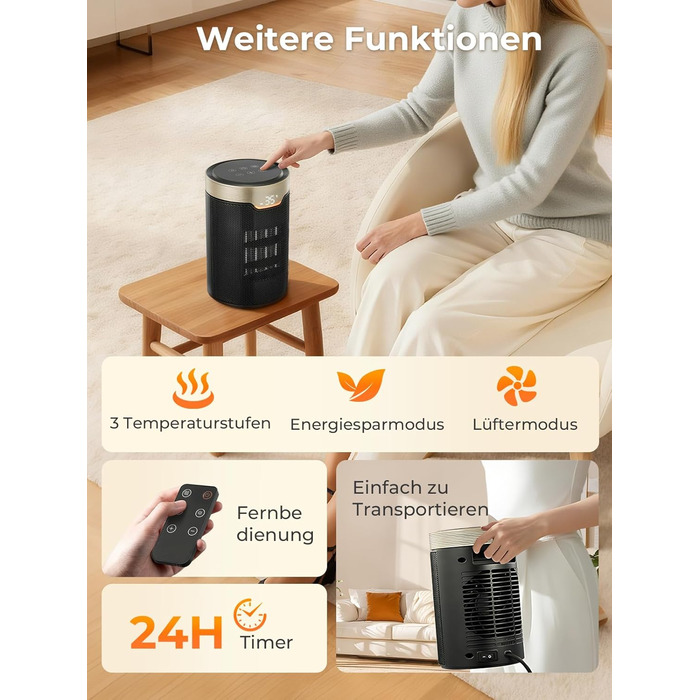 Енергозберігаючий електричний вентилятор-обігрівач, керамічний електричний вентилятор-обігрівач потужністю 1500 Вт з термостатом PTC, режим ECO, тиха робота, пульт дистанційного керування, 24-годинний таймер, захист від перегріву та перекидання, електричн