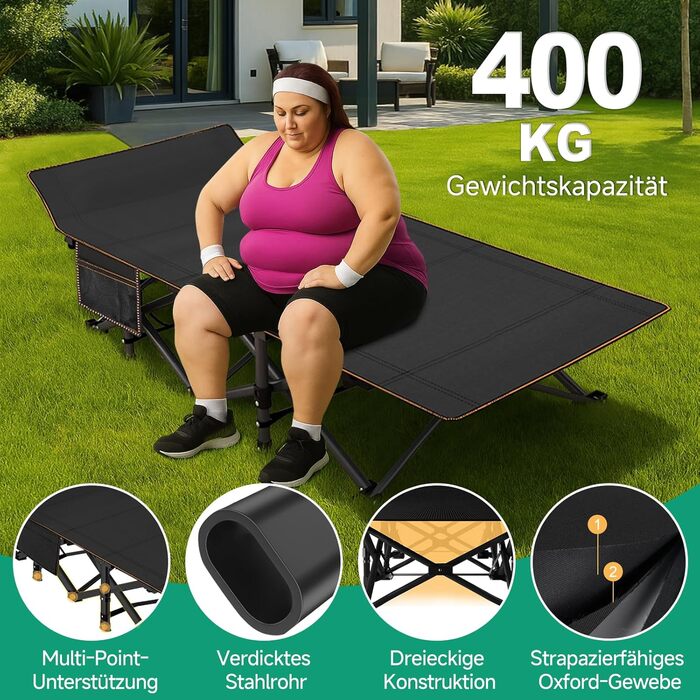 Шезлонг, розкладне ліжко 198x81 см, туристичне ліжко, гостьове ліжко, розкладне крісло-шезлонг, вантажопідйомність 200 кг, садовий шезлонг з матрацом, бічною кишенею та підголівником, розкладне ліжко для кемпінгу в приміщенні/на вулиці (чорне), розкладне 