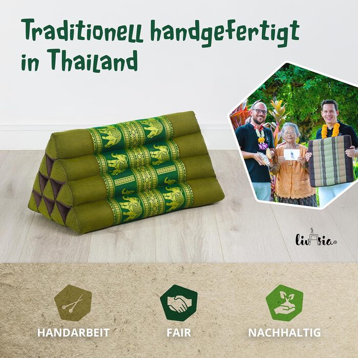 Подушка для спини livasia з тайського шовку - 32x55x30 см - трикутна подушка для саду та балкону, клиноподібна подушка з капоком, ручної роботи, подушка для медитації (зелений/слоновий шовк)
