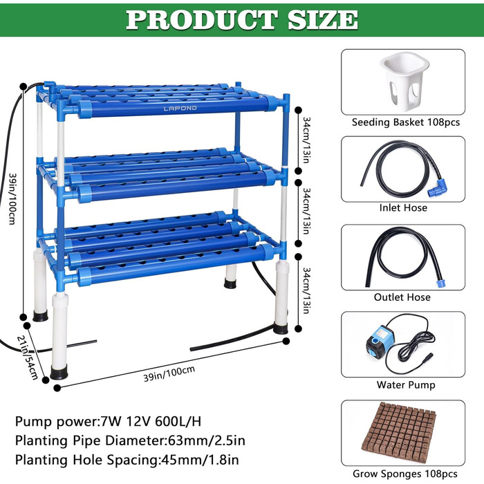 Гідропонна система вирощування з 108 місцями для рослин, 3 шари, набір для вирощування трав, фруктів і овочів у гідропонній системі садівництва, харчові ПВХ труби (запобігають росту водоростей)