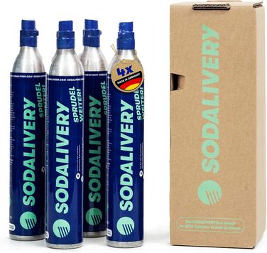 И Циліндр Sodalivery CO2 425 г/60 л балон з вуглекислим газом включаючи 4 заправки або зворотний депозит підходить для Sodastream Crystal, Crystal 2.0 Sodapop, Aarke, Philips Зроблено в Німеччині, 4 шт.