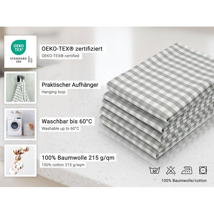 Набір з 5 бавовняних чайних рушників розміром 50x70 см - добре поглинаючі кухонні рушники в сіру клітинку - можна прати при темпер