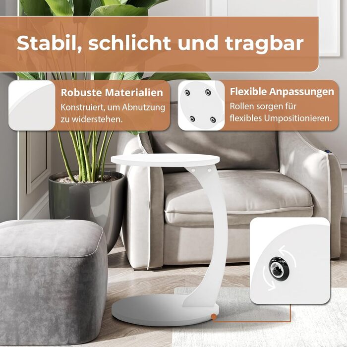 Журнальний столик Holeby, журнальний столик, столик для дивана на колесах, журнальний столик, столик для ноутбука, С-подібна форма, стіл для вітальні, стіл на колесах, кругла стільниця, журнальний столик, 56 x Ø 38 см, журнальний столик, білий