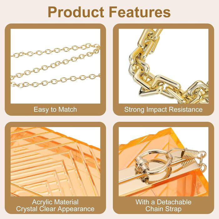 Прозора сумка-клатч QUARKZMAN для жінок, акрилова сумка через плече з квадратною формою та знімним ланцюжком для подорожей та офісу, помаранчево-золота