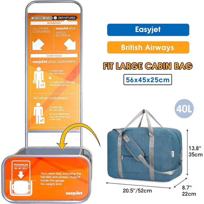 Ручна поклажа Narwey для літака, складна дорожня сумка, жіноча сумка на вихідні, спортивна сумка, жіноча та чоловіча ручна валіза, велика 40 л (темно-синій) темно-синій 40 л