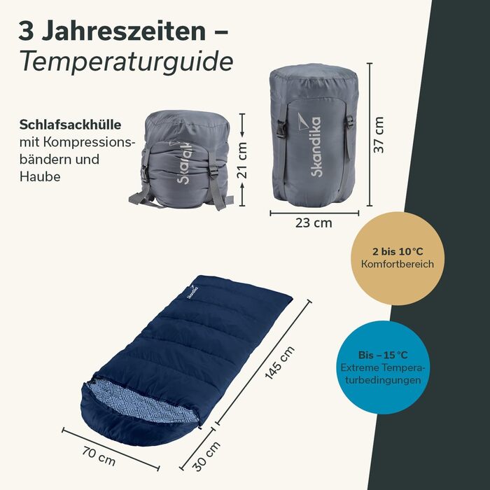 Дитячий спальний мішок Skandika Dundee Junior Дитячий спальний мішок для кемпінгу на природі, підкладка з бавовняної фланелі, затишний м&39який, водовідштовхувальний, діапазон комфорту від 13 до 3C, 175 x 70 см, індиго