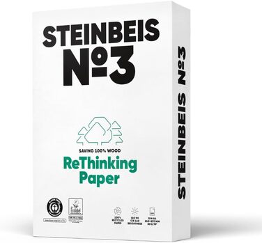 Папір для принтера Steinbeis No. 3 перероблений папір формату DIN A4 80 г/м, білий і без хлору, високоякісний копіювальний папір на 2500 (5 x 500) аркушів ISO 90 / CIE 110