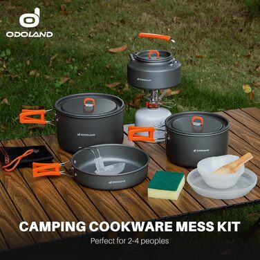 Набір посуду для кемпінгу Odoland з 15 предметів, набір посуду для кемпінгу з 2 каструлями, сковородою та чайником, набір посуду для кемпінгу, алюмінієвий посуд для 4-5 осіб, набір посуду для кемпінгу 1