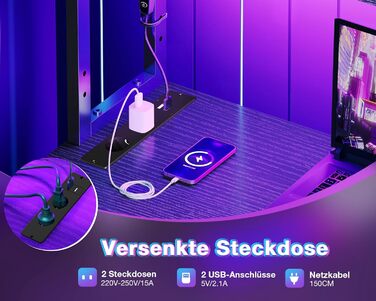 Г-подібний ігровий стіл Coleshome зі світлодіодним освітленням та розетками, 135 x 100 см, двосторонній ігровий стіл з полицями, кутовий стіл із сумкою для зберігання для домашнього офісу та ігор, чорний.