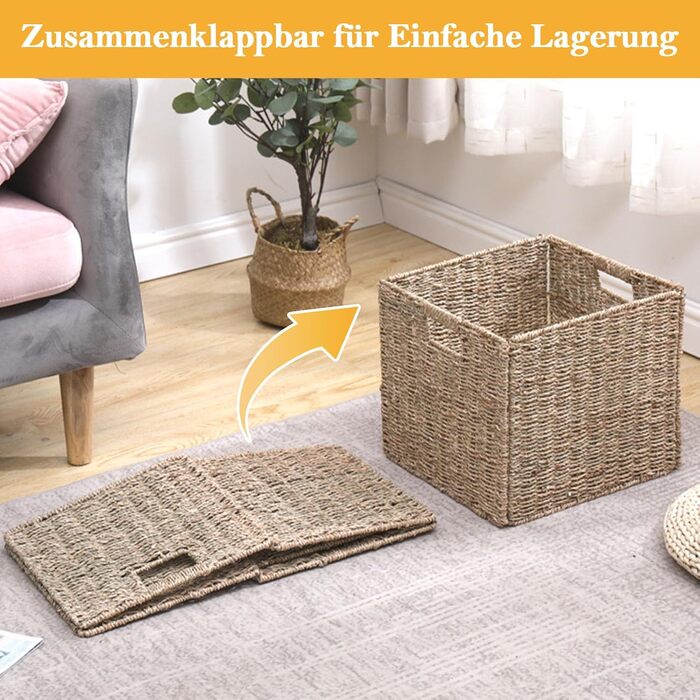 Набір плетених кошиків для зберігання з 4 предметів, складаний плетений кошик для зберігання Kallax, 28 x 28 x 28 см, міцний кошик для зберігання з ручками для полиць, комори, ванної кімнати, вітальні