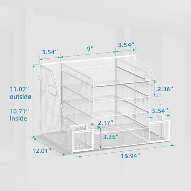 Сітчастий настільний органайзер з тримачами для файлів, 5-ярусний органайзер для лотків для паперу та листів з тримачами для журналів, настільний органайзер та місце для зберігання з шухлядою для офісного приладдя вдома чи в школі, білий