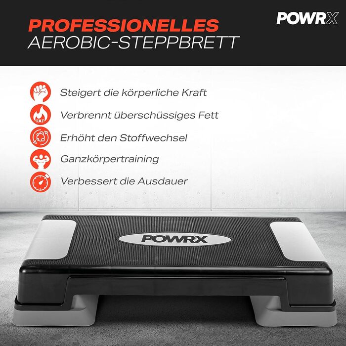 Аеробний степер POWRX 12/17/24 см (3 рівні) сірого кольору Степер з регульованою висотою та нековзним покриттям для аеробіки, гімнастики та фітнесу Домашня степ-лава чорного/сірого кольору