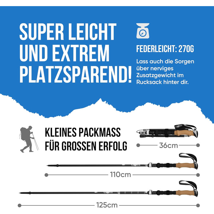 Туристичні палиці BAVA Складні розмір упаковки 36 см Різні насадки Надлегкі Система EasyFold-System - телескопічна регульована Трекінгові палиці Палиці для скандинавської ходьби Жіночі та чоловічі - Піші прогулянки Піші прогулянки на свіжому повітрі
