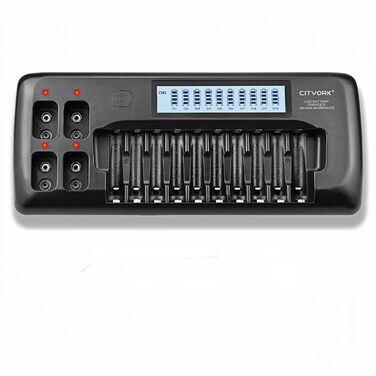 Зарядний пристрій CITYORK з 104 слотами та РК-дисплеєм для акумуляторних батарей 1,2 В AA/AAA Ni-MH та акумуляторних батарей 9 В Ni-MH/Li-ion з вбудованим захистом IC