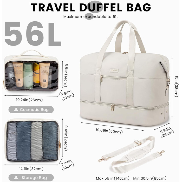 Дорожня сумка LOVEVOOK Weekender для жінок, спортивна сумка, ручна поклажа, велика лікарняна сумка, сумка для пологів, дорожня сумка, спортивна сумка з косметички та відділенням для взуття для авіаперельотів, бежева, 50x38x25 см