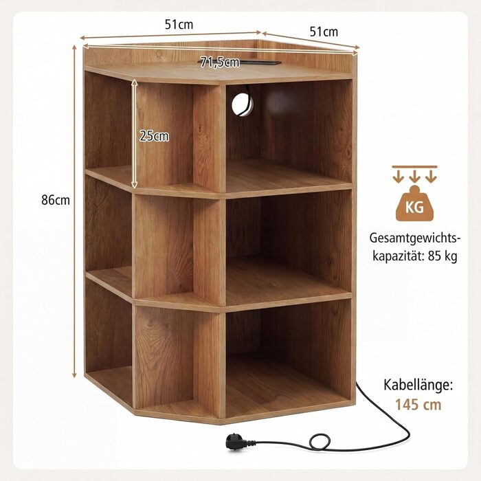 Кутова книжкова полиця COSTWAY із 3-рівневою зарядною станцією, кутова полиця з 9 відділеннями, 2 USB-портами та 4 розетками, полиця для зберігання речей для спальні, вітальні (натуральний колір)