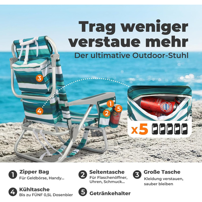 Складаний пляжний стілець Homecall, легкий, регульована спинка в 5 положеннях - Складаний пляжний стілець, до 136 кг, для пляжу, на відкритому повітрі, низька висота, класичний смугастий
