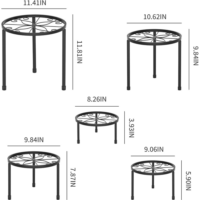 Набір із 5 металевих підставок для квітів, підставок для рослин для кімнатних та вуличних садових рослин, підставок для квіткових горщиків для рослинних драбин, антикорозійної залізної стійки для декору дому та саду (чорна)