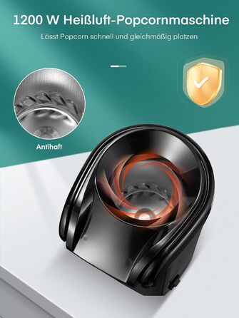 Машина для приготування попкорну з гарячим повітрям, домашня машина для приготування попкорну потужністю 1200 Вт, швидкий попкорн за 2 хвилини, без жиру та олії, включаючи мірну ложку для кукурудзи, компактний дизайн, для домашнього відео та різдвяних веч