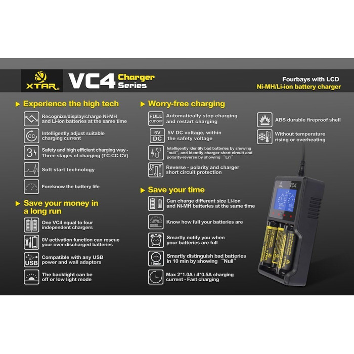 Зарядний пристрій XTAR VC4 з РК-дисплеєм для акумуляторів 18650 Li-Ion/Ni-MH, чорний