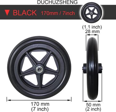 Дюймові запасні колеса для інвалідного візка переднє колесо, 2 шт. и запасних коліщаток для інвалідного візка, тверда гумова заміна передніх коліс, 150мм 170мм 190мм, з підшипником і кріпильними гвинтами, колеса для інвалідного візка запасні 170мм (7 дюйм