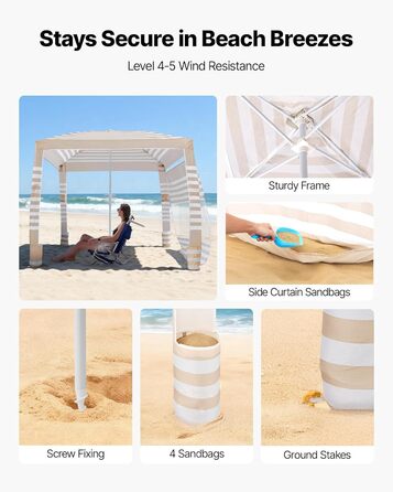 Пляжний навіс VEVOR, 2,4 x 2,4 м з бічною стінкою, сонцезахисний фактор UPF 50, навіс з мішками з піском, регульований по висоті та портативний сонцезахисний навіс для всієї родини та друзів