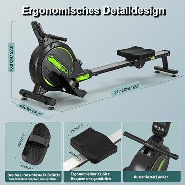 Тестова версія 2026 року Домашній гребний тренажер з магнітним фітнес-тренажером, гребний тренажер з 16 рівнями опору, обладнання для домашнього спортзалу, кардіотренажер, вантажопідйомність 160 кг з РК-монітором H300