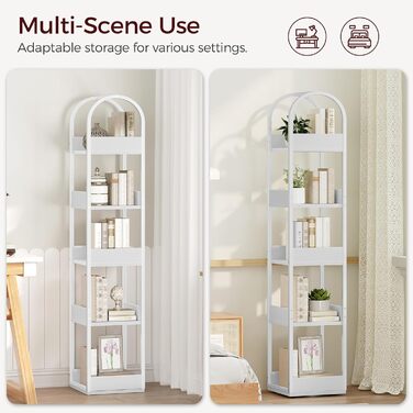 Обертова на 360 5-ярусна книжкова полиця, окремостояча полиця із захистом країв, 30 x 30 x 160 см, полиця для зберігання, для вітальні, кабінету, біла ABKBW3501