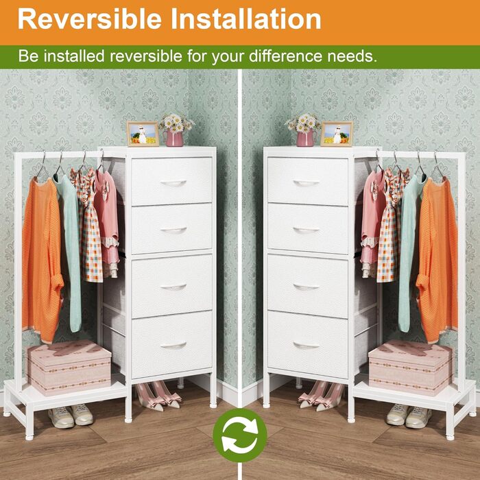 Комод заввишки 111 см з 4 тканинними шухлядами, маленький комод з вішалкою для одягу, білий комод для спальні, вітальні, коридору, передпокою, комод для спальні, подарунковий 30Г x 76,5Ш x 111В см (4 шухляди) білий