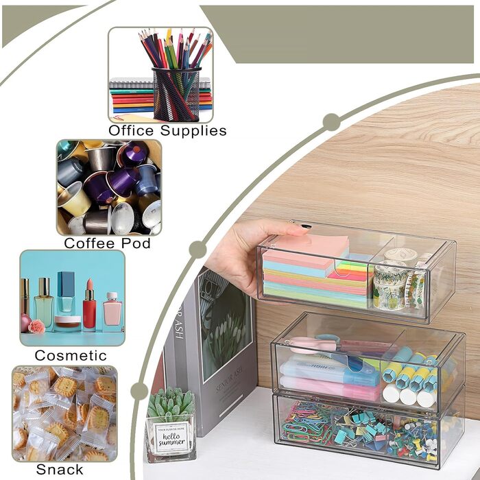Акрилова коробка для зберігання з 3 шухляд, штабелюваний органайзер для косметики, прозора шухляда зі знімними роздільниками для ювелірних виробів, товарів для здоров&39я, кавових капсул, канцелярського приладдя