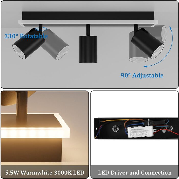 Стельовий точковий світильник Klighten 3 полум'я чорний, 3 розетки GU10 світлодіод 8,5 Вт, стельовий прожектор поворотний, поворот
