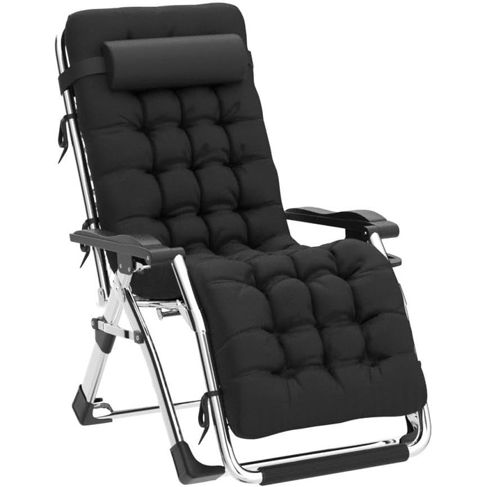 Складаний шезлонг, лежак, надзвичайно великий садовий шезлонг, для патіо, саду, пляжу, басейну, з подушкою-підтримкою 200 кг (Black1)