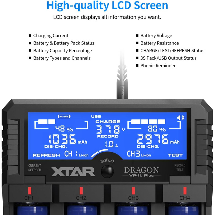 Зарядний пристрій для акумуляторів XTAR Dragon VP4L Plus 18650 21700 для літій-іонних акумуляторів 3,6 В/3,7 В, нікель-металгідридних акумуляторів 1,2 В типу AA/AAA та нікель-металгідридних акумуляторів 11,1 В 3S. Перевірте стан вашого акумулятора.