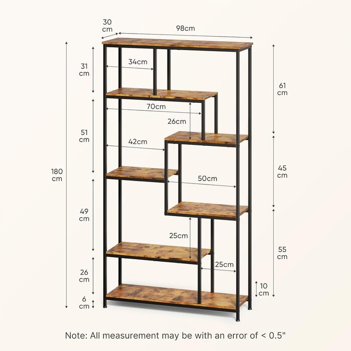 Ярусна зміщена книжкова полиця Bealife. Відкрита окремостояча полиця для вітальні, промисловий дизайн, 98 x 30 x 180 см, офіс, кабінет, ретро, 5-