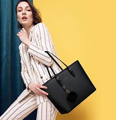 Жіноча сумочка чорна, шкіряна сумка шоппера, велика, для офісних шкільних покупок з кулькою з кролячого хутра, плюшевий брелок для