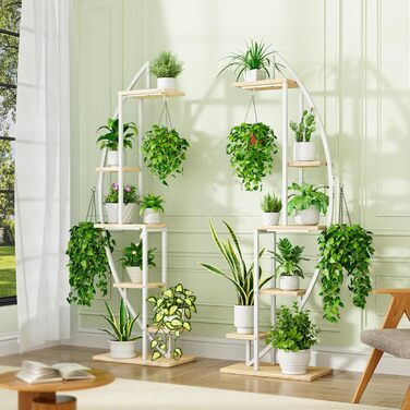 Рівнева підставка для квітів з лампами для вирощування - Металева та дерев&39яна полиця для рослин - Кімнатні квіткові сходи 160 см - Декоративна чорна квіткова полиця для підвіконня у вітальні, 2 шт., біла, 6-