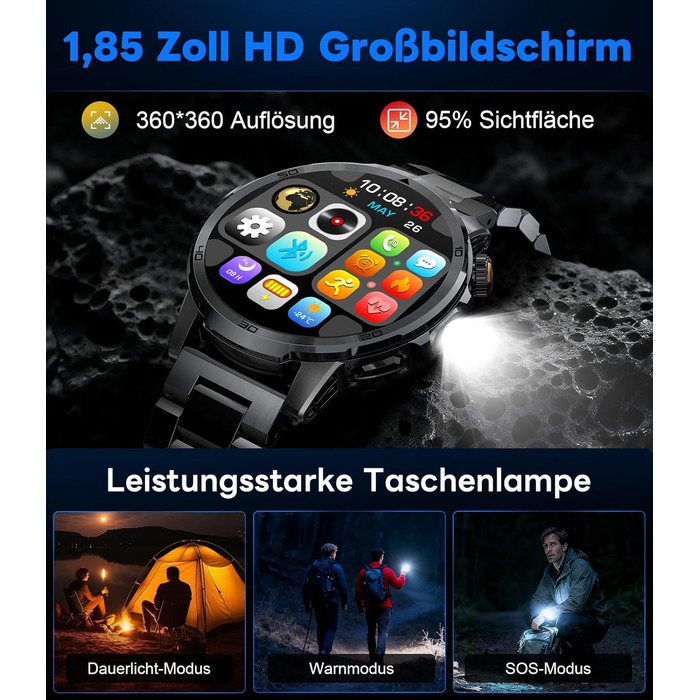 Розумний годинник FEELNEVER Military для чоловіків з акумулятором 1000 мАг/великим сенсорним екраном HD 1,85 дюйма/світлодіодним підсвічуванням, фітнес-годинник з 2 ремінцями/110 спортивних режимів, відстеження серцевого ритму/сну, водонепроникний IP68, г