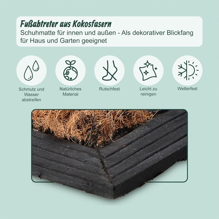 Килимок для дверей Relaxdays, кокос та гума, напівкруглий, декоративний, 100 x 60 см, для використання всередині та зовні приміщень, нековзний килимок для уловлювання бруду, натуральний