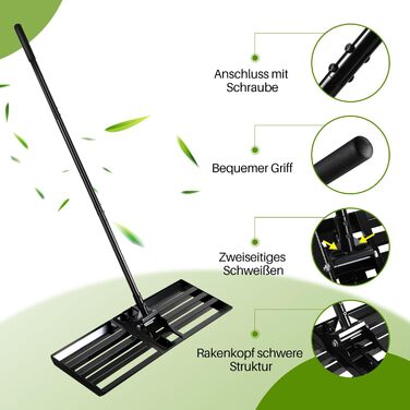 Вирівнювальний граблі Rasen Rakel з нержавіючої сталі для видалення піску та підсипки газону, 75x25 см, ручка 200 см - чорний