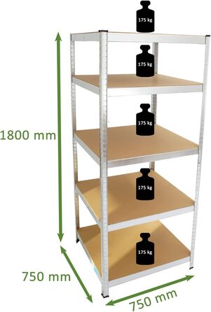 Стелаж для майстерні TRUTZHOLM, міцний стелаж, 180x75x75 см, вантажопідйомність 875 кг 5 полиць Архівний стелаж, стелаж для зберігання, стелаж для підвалу, металевий стелаж, гаражний стелаж