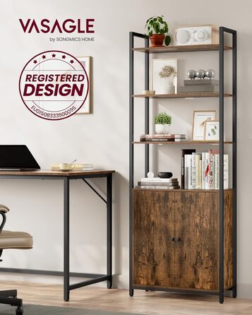 Книжкова полиця VASAGLE, 6 ярусів, полиця, окремостояча полиця з дверцятами, металевий каркас, регульовані полиці, 24 x 60 x 159,5 см, для вітальні, спальні, вінтажний коричневий-чорний LLS133K01 60B см Вінтажний коричневий чорнильний